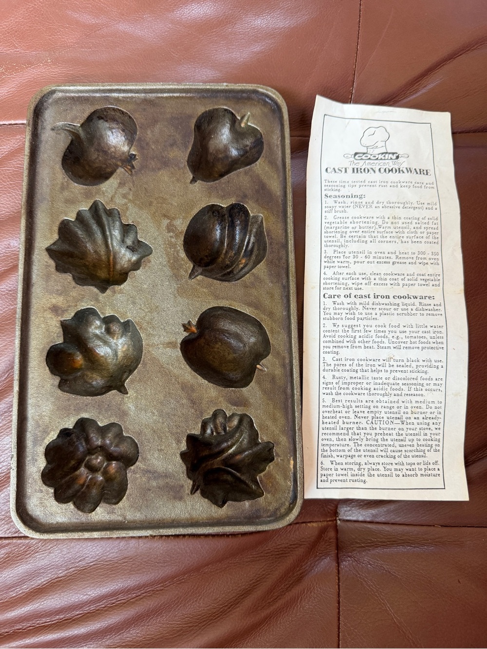 Vintage Cast Iron Muffin Cornbread Pan 8 Mold Vegetable Fruit Shapes Directions